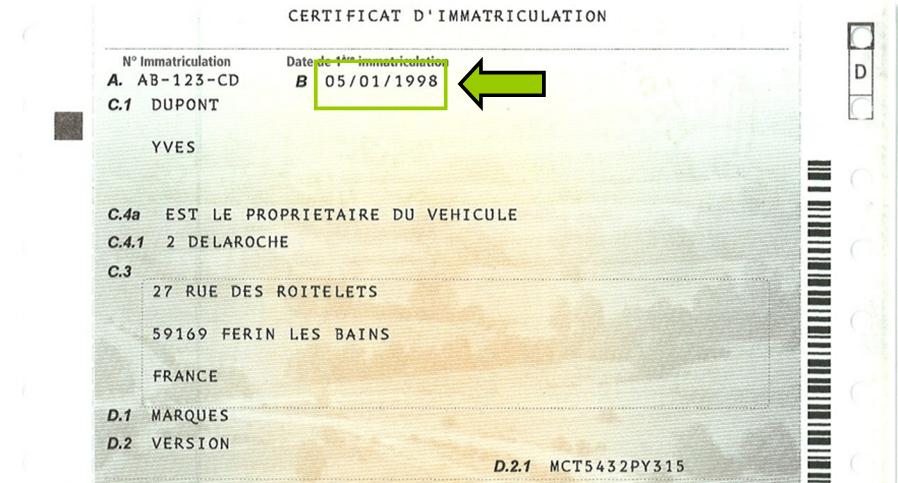 Emplacement de la date d'immatriculation